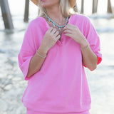 Fancy Half Button Short Sleeve Terry Top