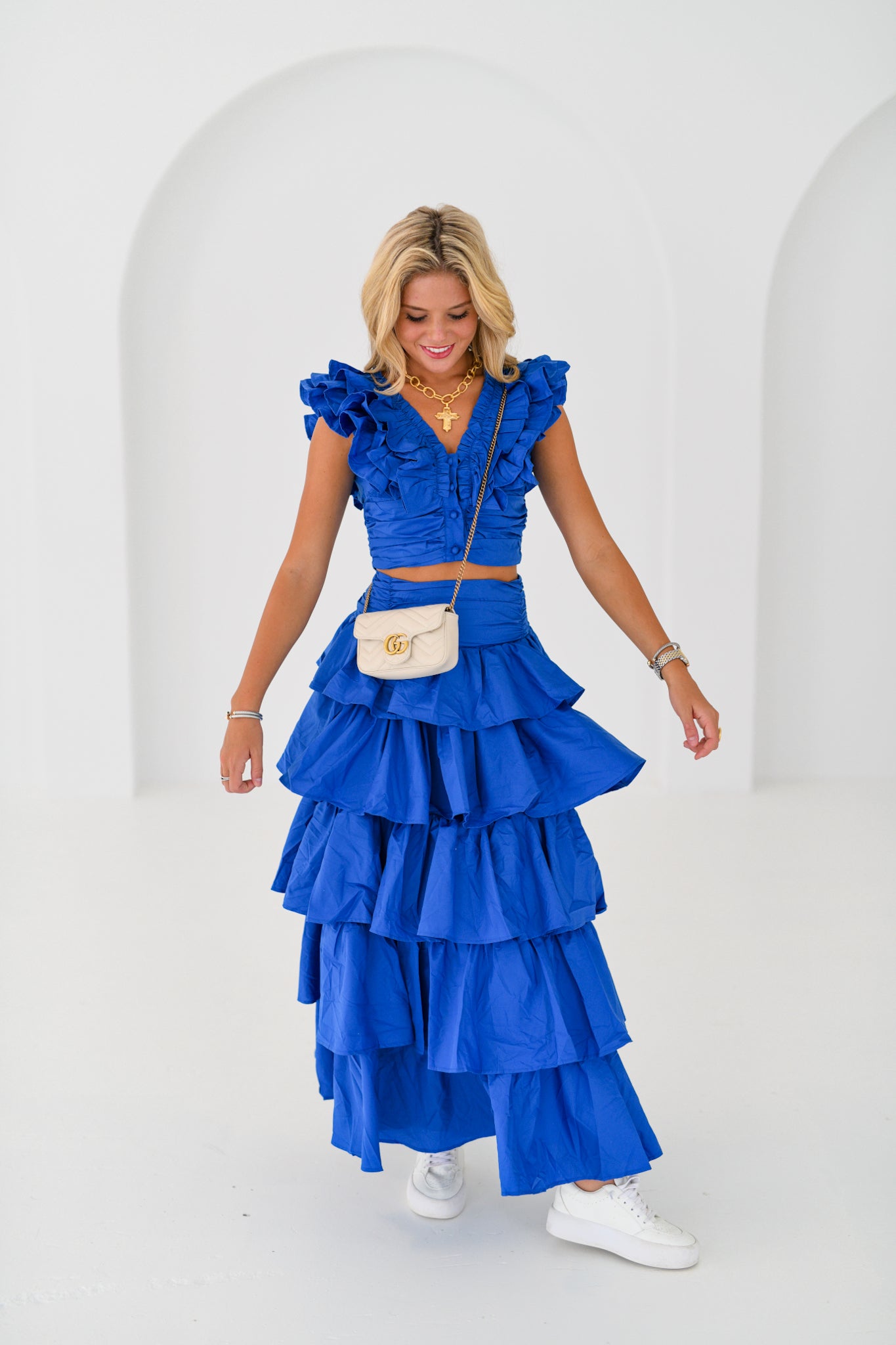 Kailey Ruffle Top and Midi Skirt Set-Blue