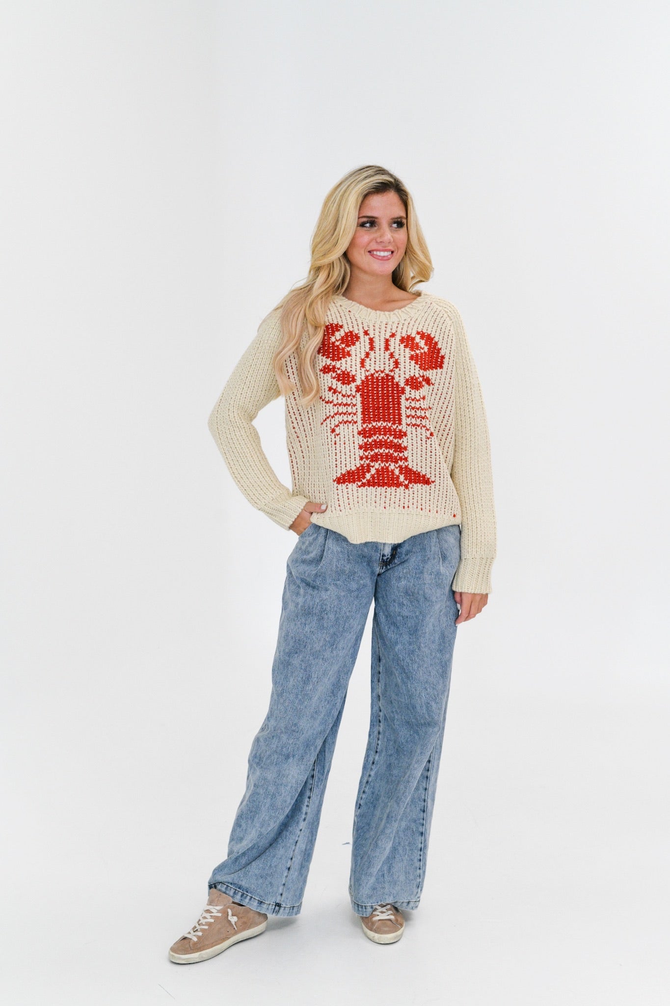 Layla Chunky Knit Lobster Sweater-Sand/Red