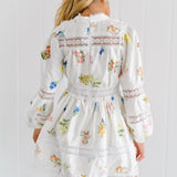 Selah Long Sleeve Floral Print Lace Trim Mini Dress - White Multi Color Floral