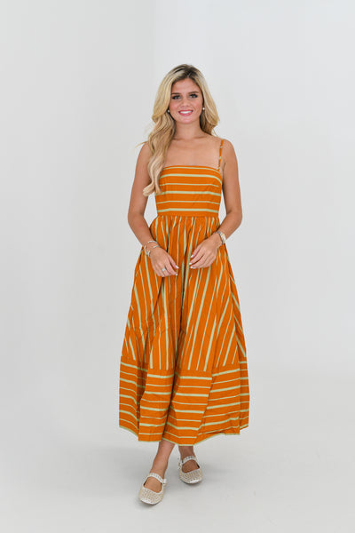 Kristie Striped Midi Dress- Rust