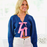 Violet Bow-Front Cropped Sweater-Navy/Pink