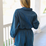 Blaire Collared Zip Front Romper-Denim