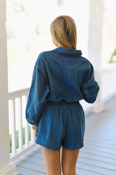 Blaire Collared Zip Front Romper-Denim