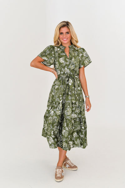 Ellie Floral Poplin Tiered Midi Dress - Cream/Olive