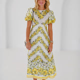 Lindsey Floral Puff Sleeve Midi Dress - Yellow/White