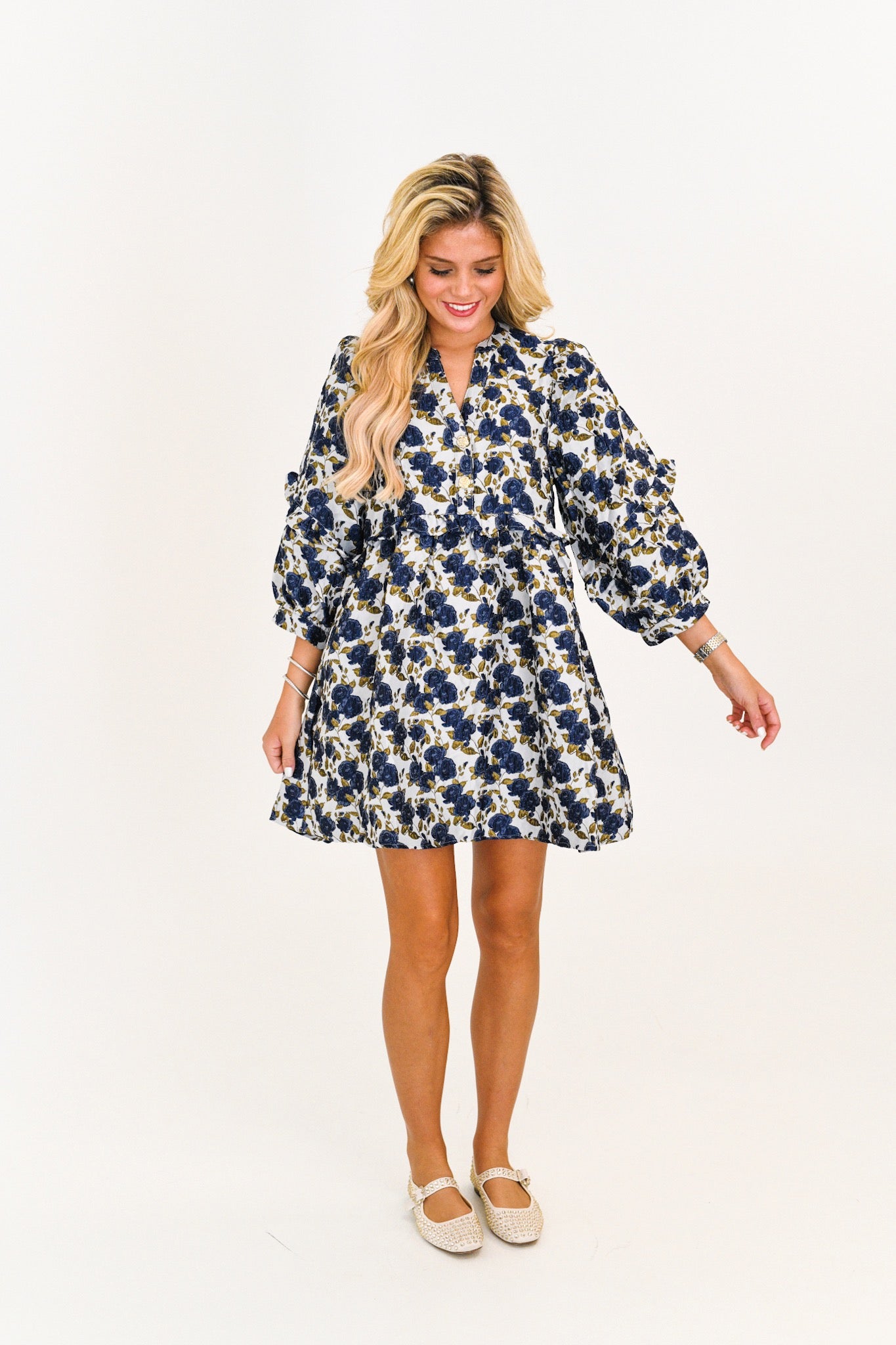 Donna Ruffle Long Sleeve Mini Dress - Navy