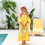 Ciara Strapless Bubble Sleeve Maxi Dress - Yellow Stripes
