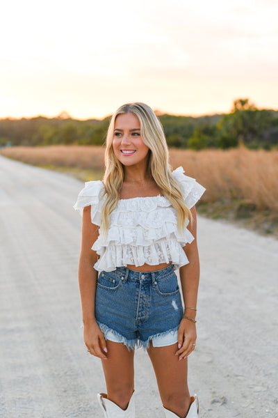 Kallie Lace Ruffled Crop Top - White