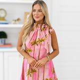 Sabrina Tie Neck Mini Dress - Pink Palm