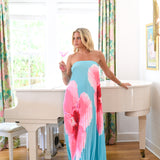 Haley Printed Pleated Maxi Tube Dress - Teal/Pink