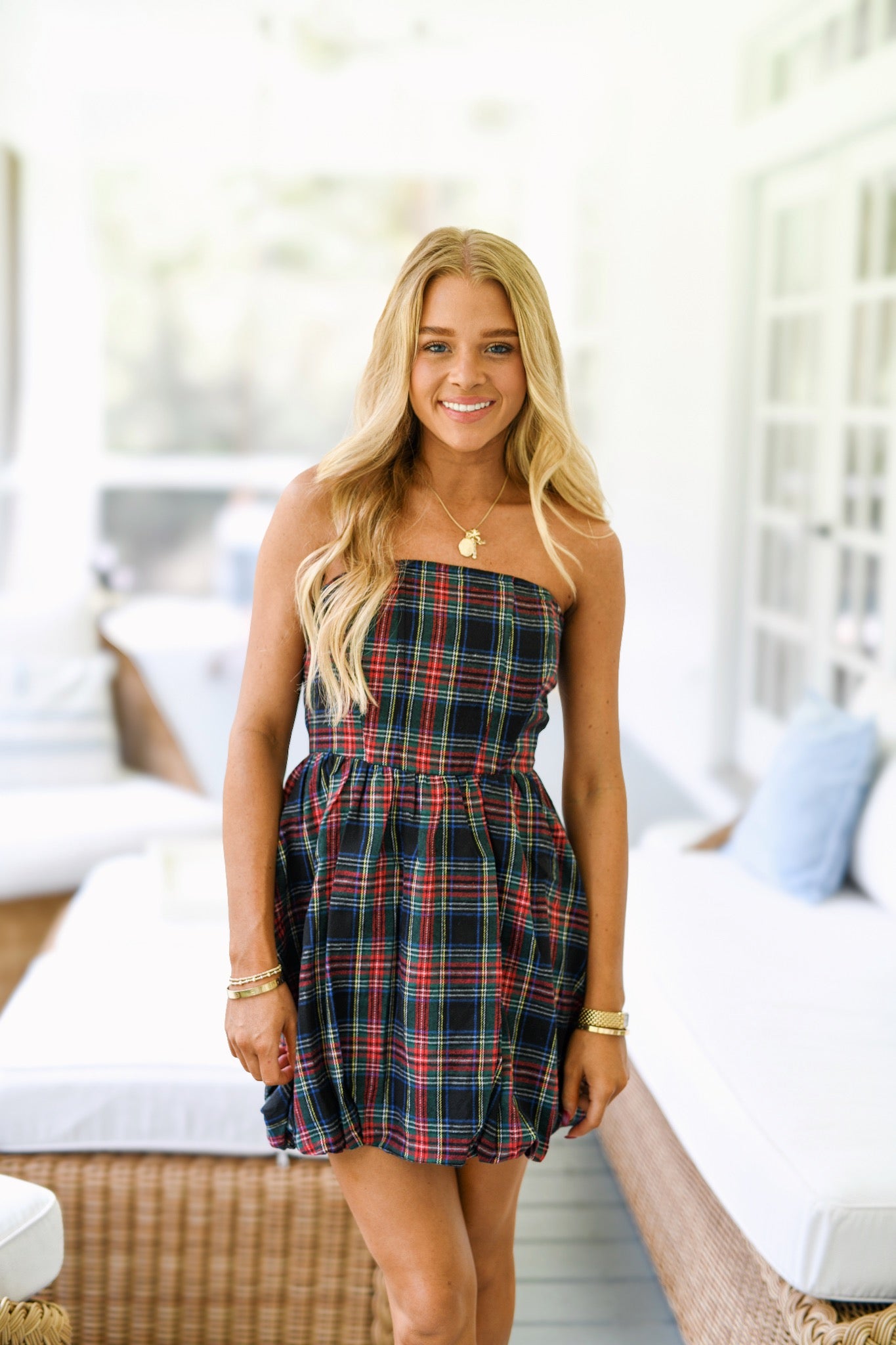 Kelsey Strapless Plaid Bubble Dress-Black Plaid