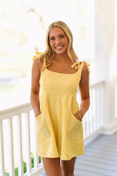 Sammie Striped Shoulder Tie Romper - Yellow