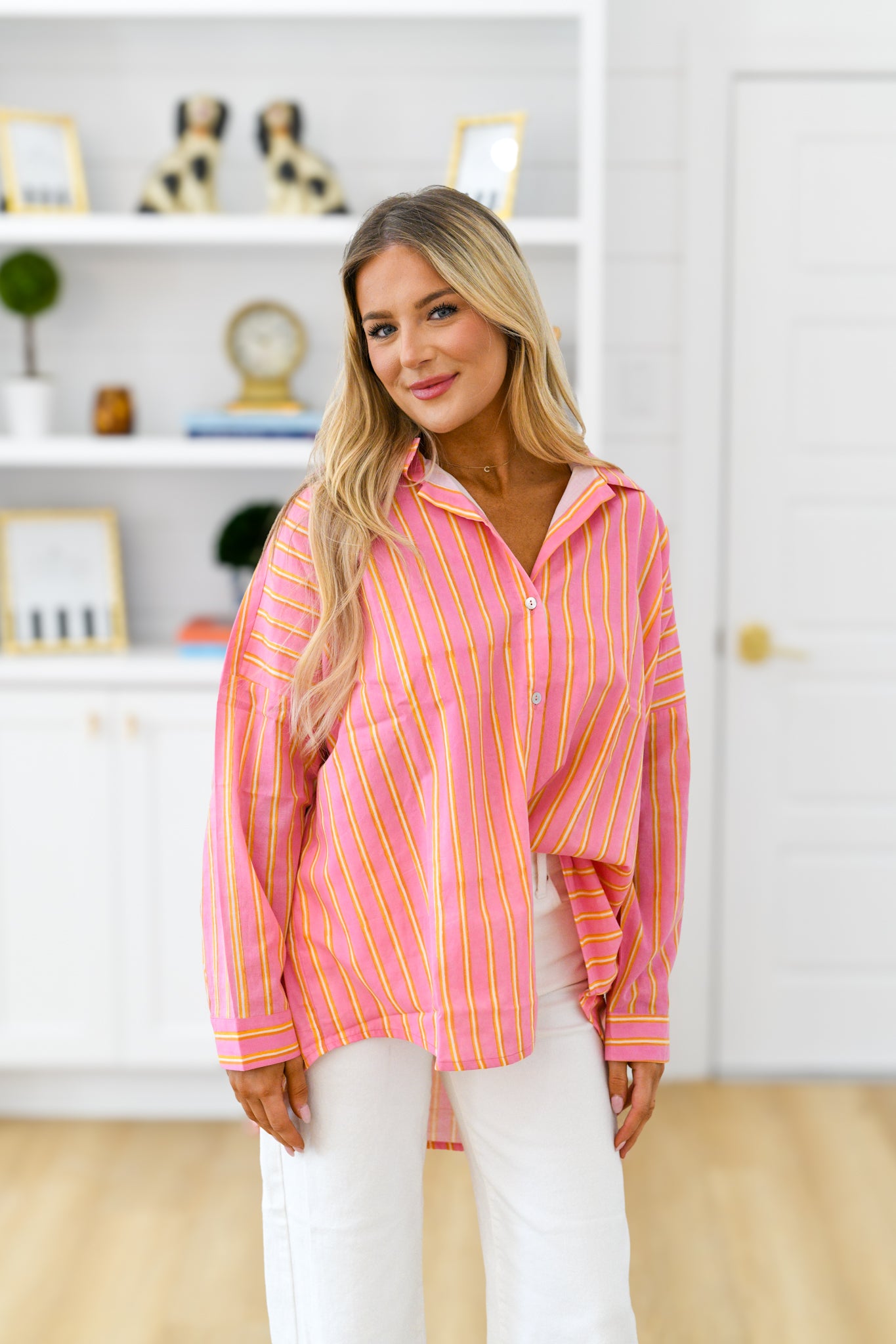 Izzy Button Down Top -  Pink/Orange Thick Striped