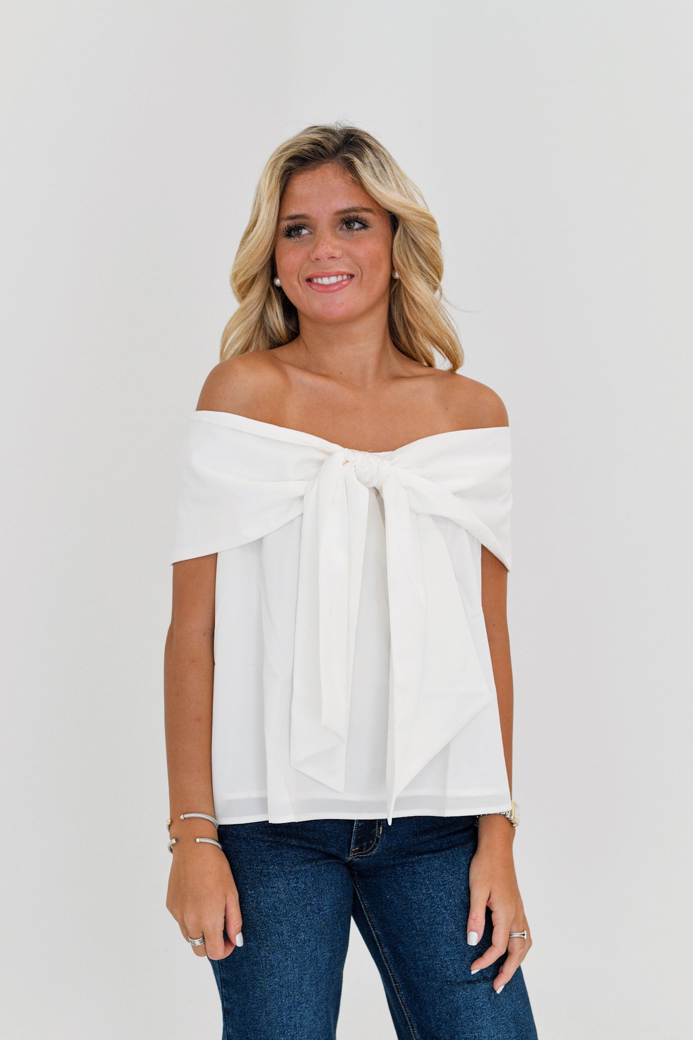 Juniper Off The Shoulder Bow Top - White