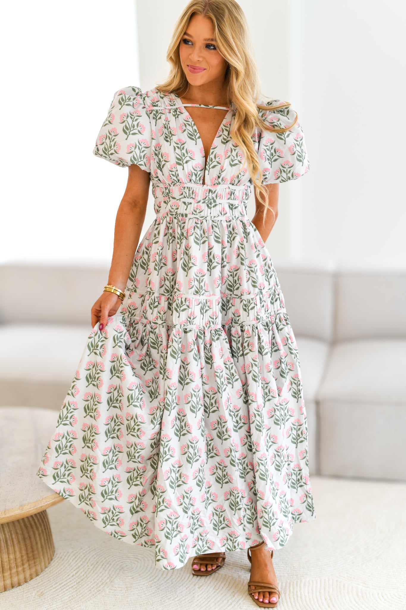 Caley Puff Sleeve Midi Dress-White/Pink and Green