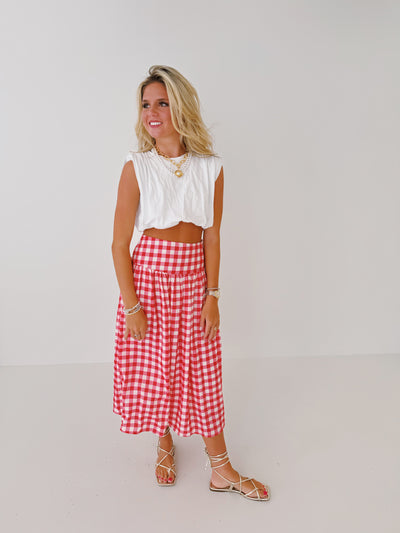 Sara Gingham Midi Skirt-Red