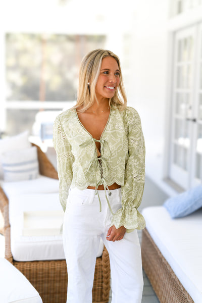 Cella Front Bow Tie Long Sleeve - Sage