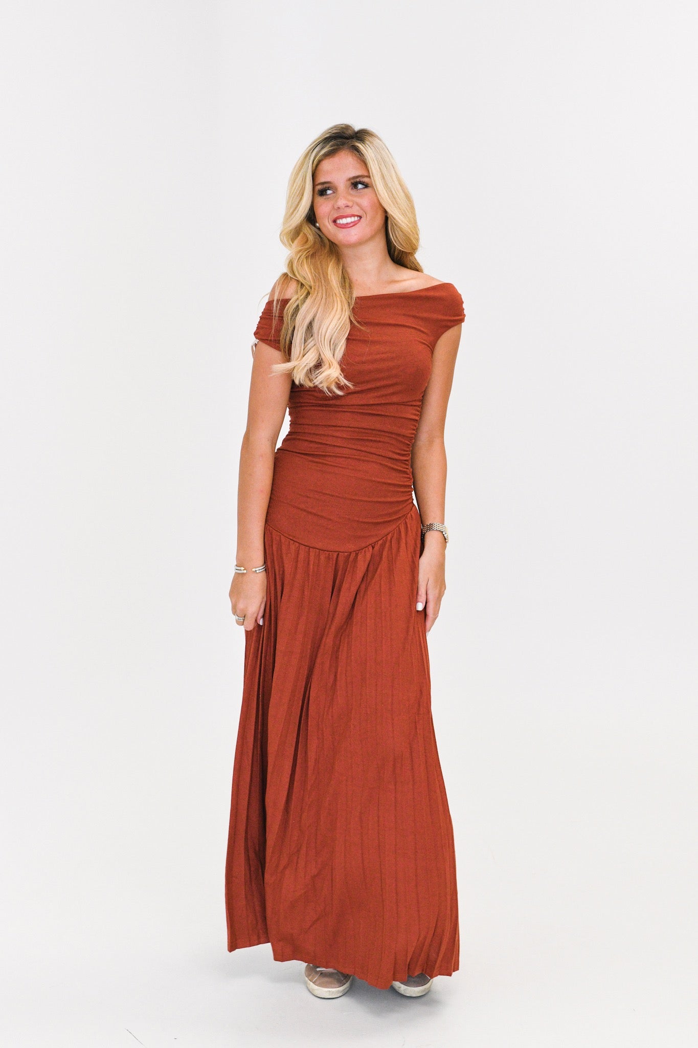 Harlie One-Shoulder Ruched Maxi Dress-Spice Brown