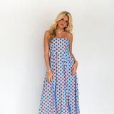 Manning Strapless Polka Dot Midi Dress - Powder Blue/Red