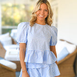 Lola Plaid Ruffle Hem Top & Shorts Set  - Baby Blue