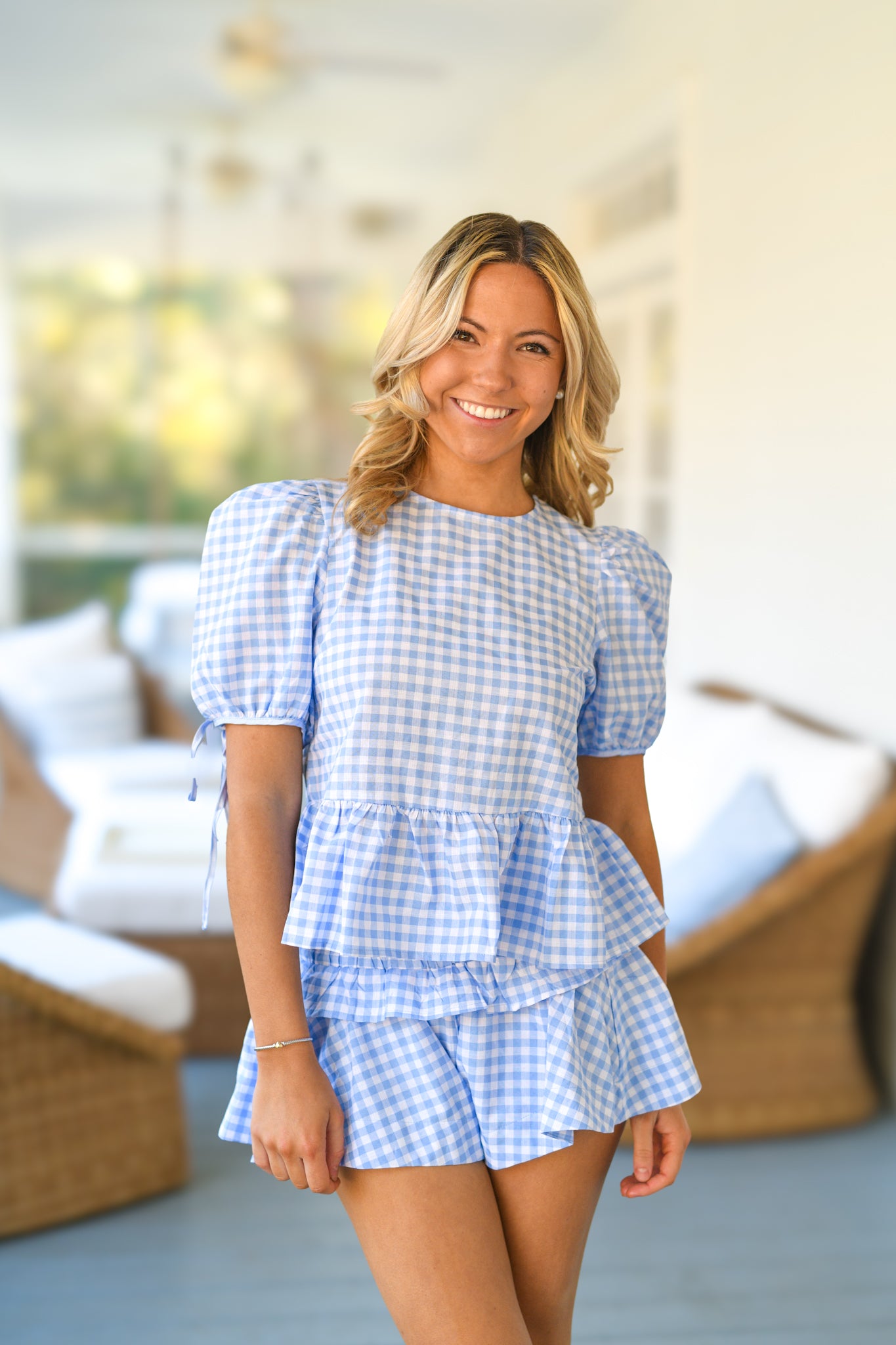 Lola Plaid Ruffle Hem Top & Shorts Set  - Baby Blue