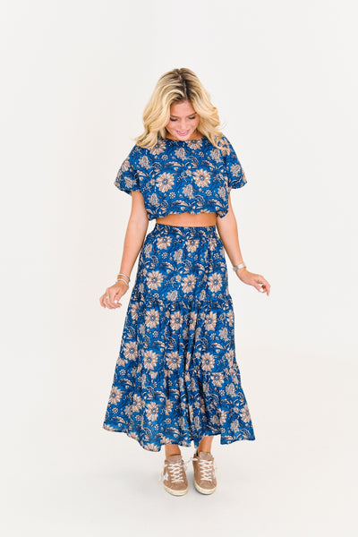 Sadie Maxi Skirt Bubble Set - Blue Floral