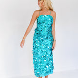 Monique Sequin Spaghetti Strap Midi Dress - Turquoise