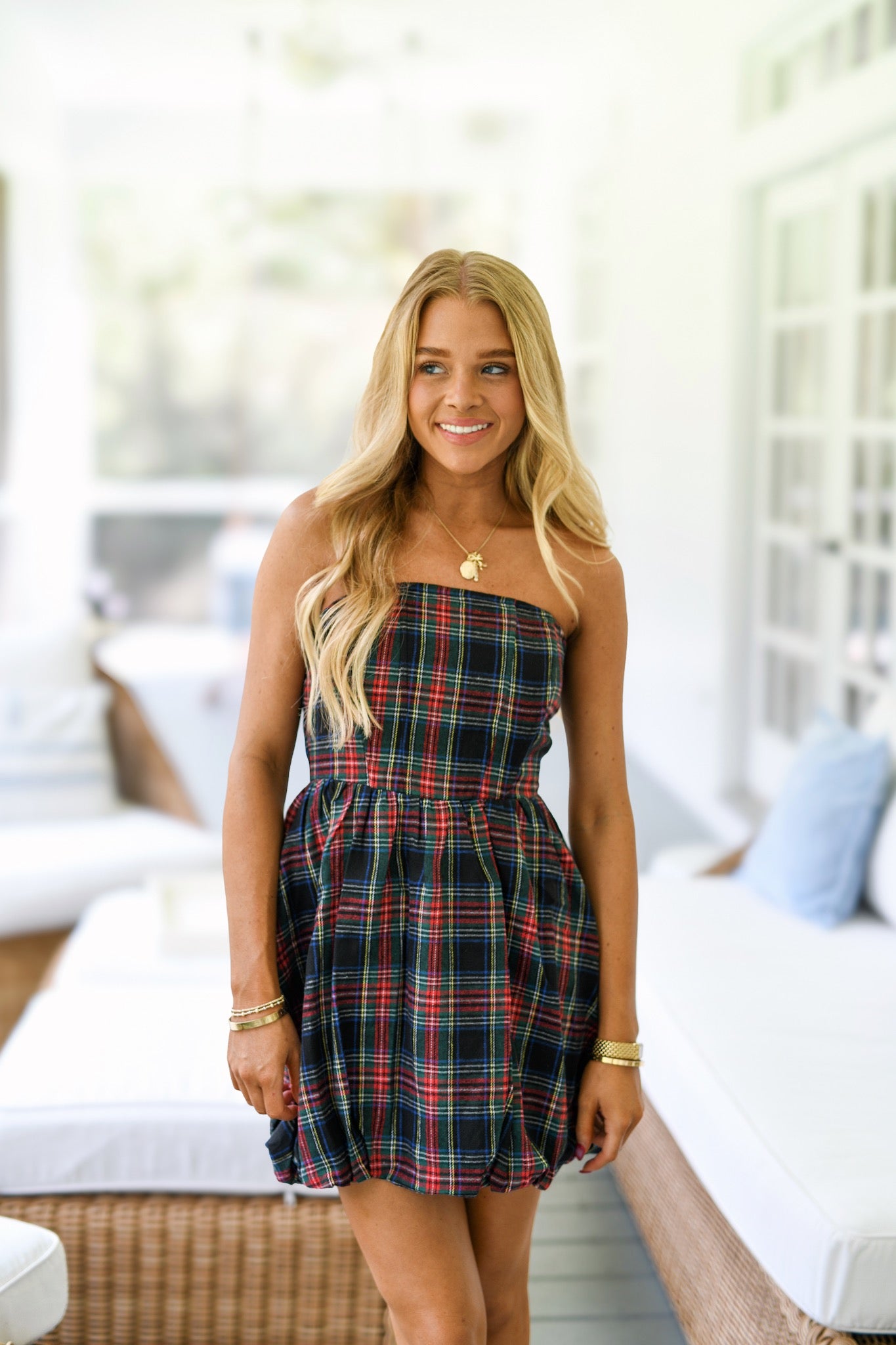 Kelsey Strapless Plaid Bubble Dress-Black Plaid