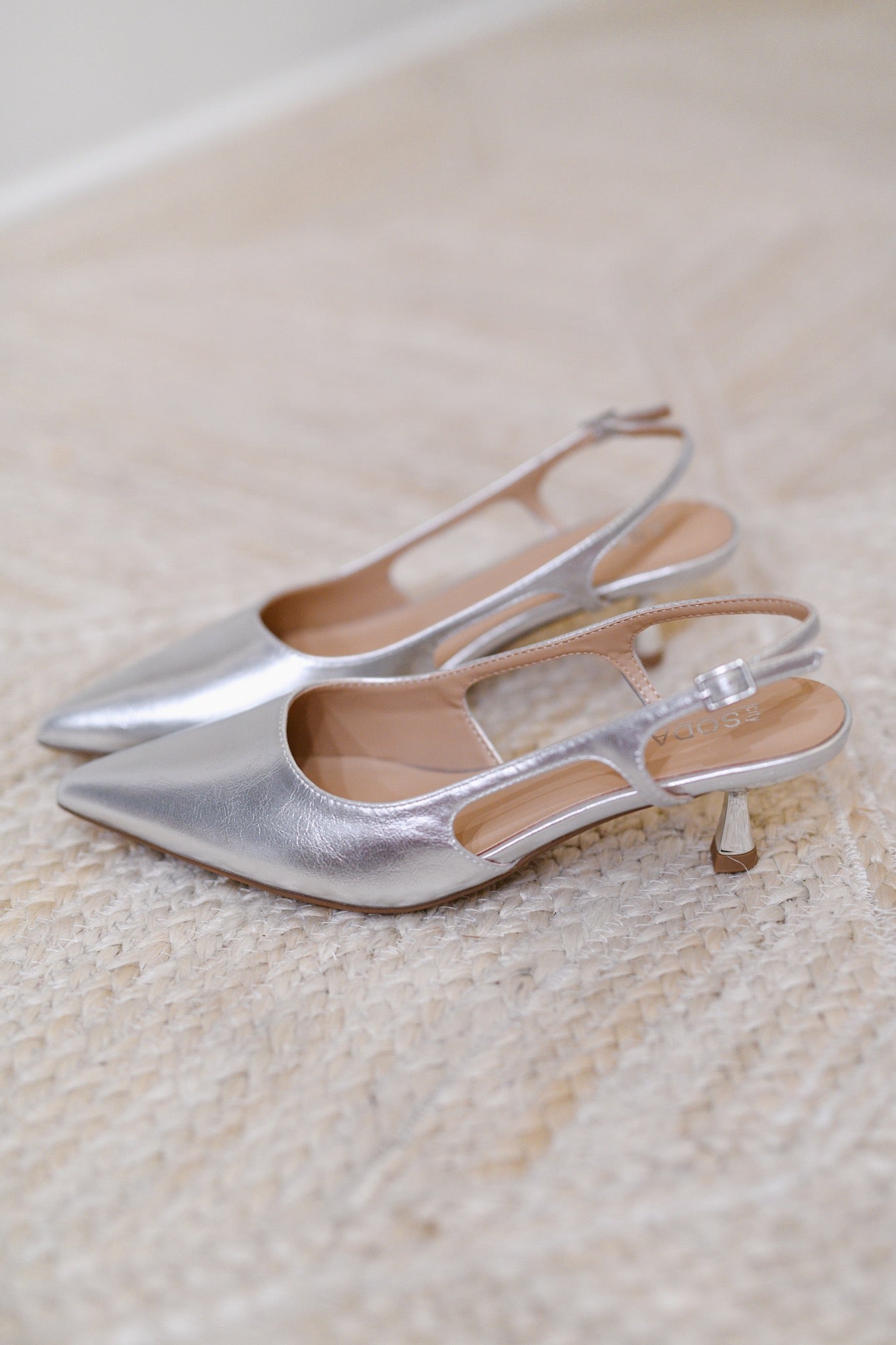 Morgan Pointed Toe Slingback Kitten Heel-Silver