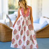 Payton Blockprint Maxi Frill Dress -White/ Pink
