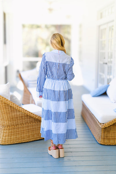 Carter Striped Tie Midi Dress -  Blue Multi