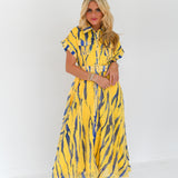 Emme Zebra Print Belted Midi Dress - Yellow/Blue Multi