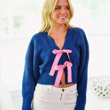 Violet Bow-Front Cropped Sweater-Navy/Pink