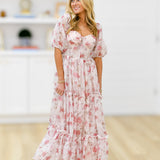 Floral Ruched Tiered Midi Dress - Rose