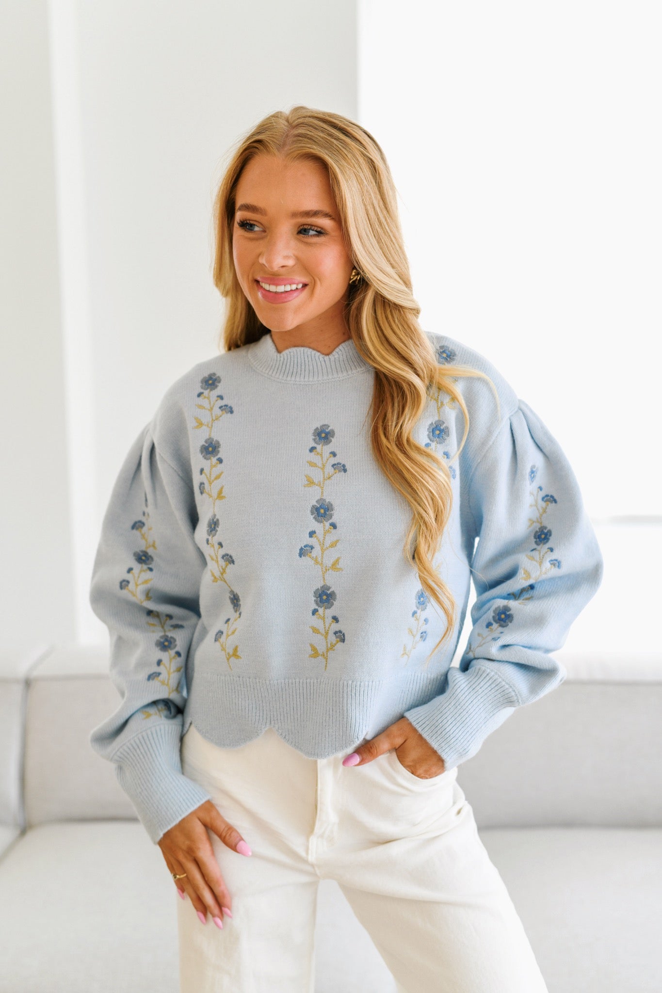 Bailey Floral Embroidered Scallop Detail Knit Top-Lt Blue