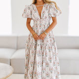Dorva Puff Sleeve Midi Dress-White Multi
