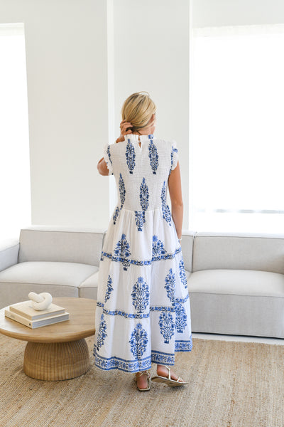 Charleston Block Print Floral Maxi Dress - White/Blue