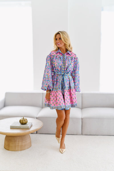 Aub Floral Button Down Belted Dress - Pink/Blue