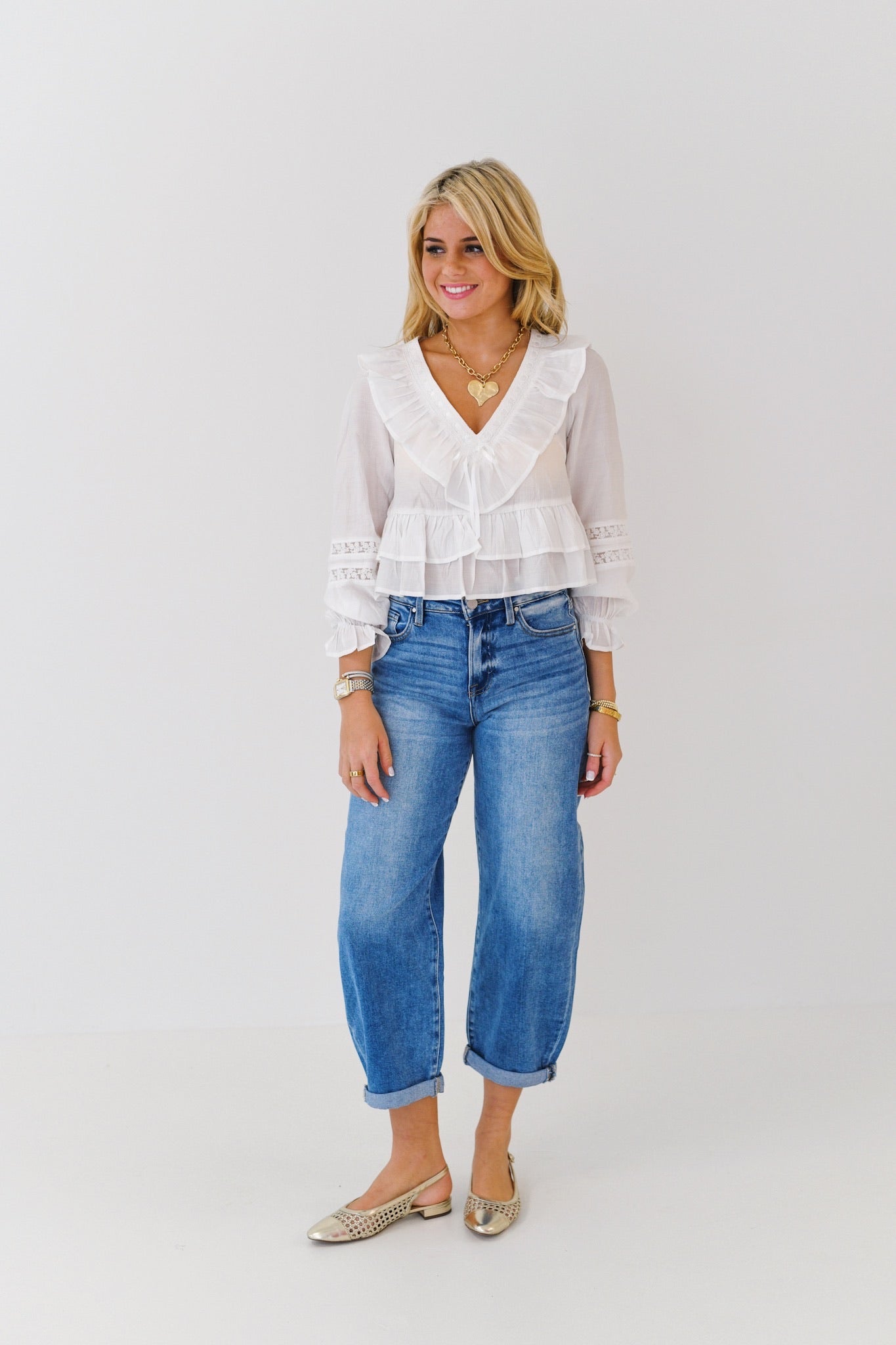 Izzy V-Neck Ruffled Top-White