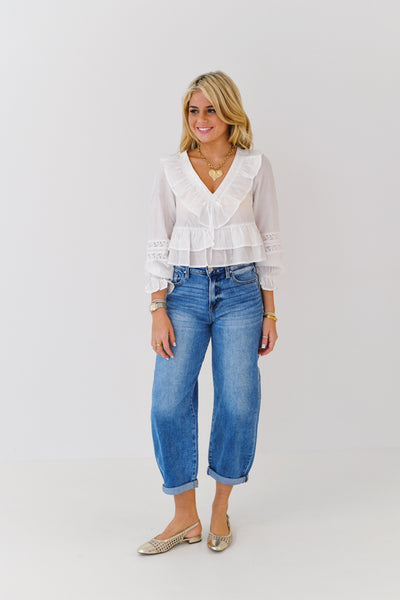 Izzy V-Neck Ruffled Top-White