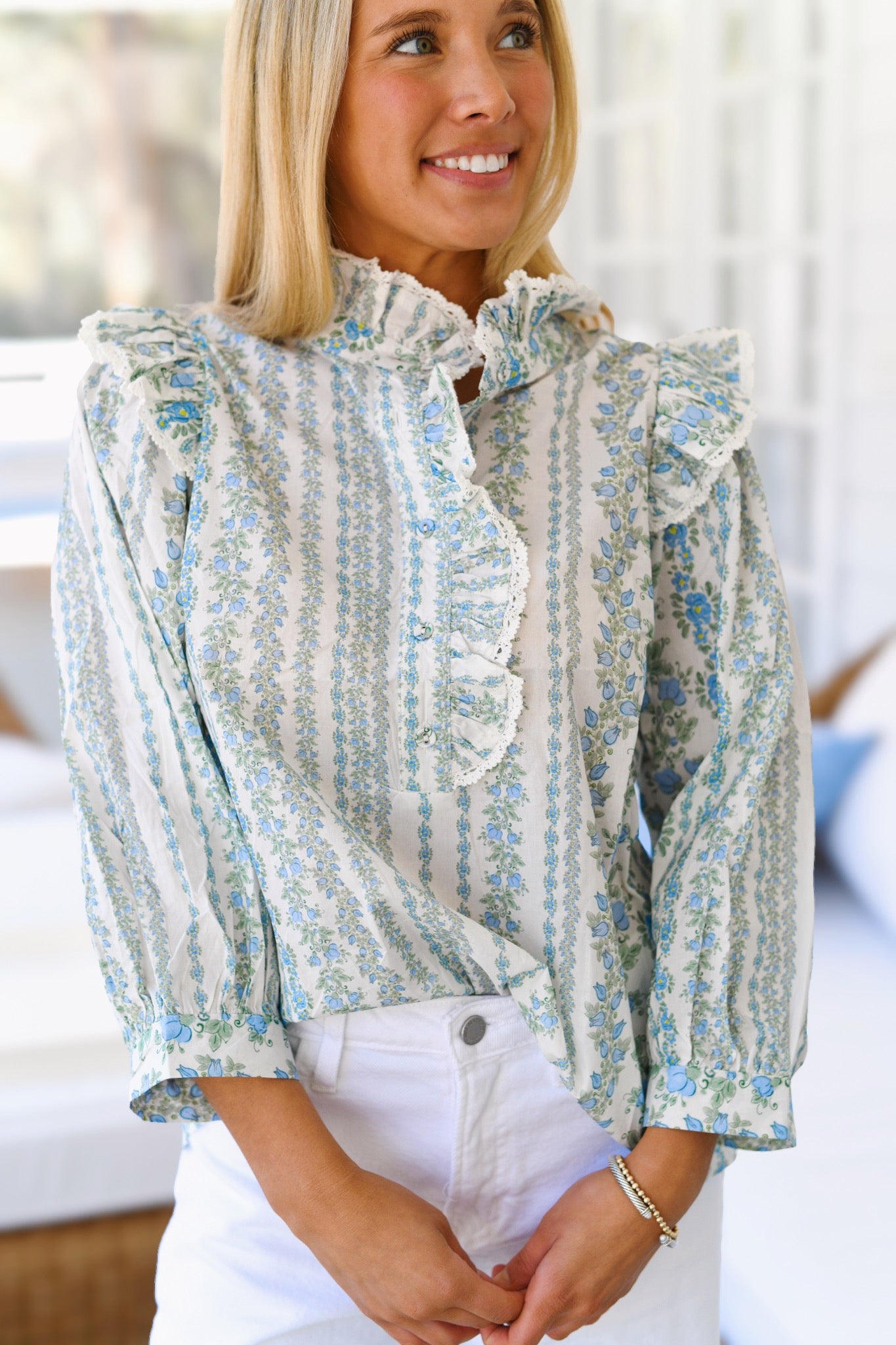 Kathryn Floral Long Sleeve Ruffle Top - Blue