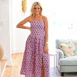 Miley Strapless Smocking Midi Dress - Pink/Blue Block Print