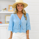 Ember Floral Embroidered Tie Front Top - Sky