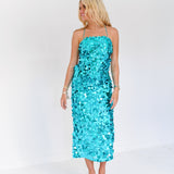 Monique Sequin Spaghetti Strap Midi Dress - Turquoise