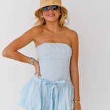 Avery Bubble Hem Skort Romper - Baby Blue