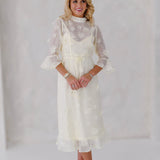 Stacy Crystal Embellished Floral Appliques Midi Dress -Lemon Yellow