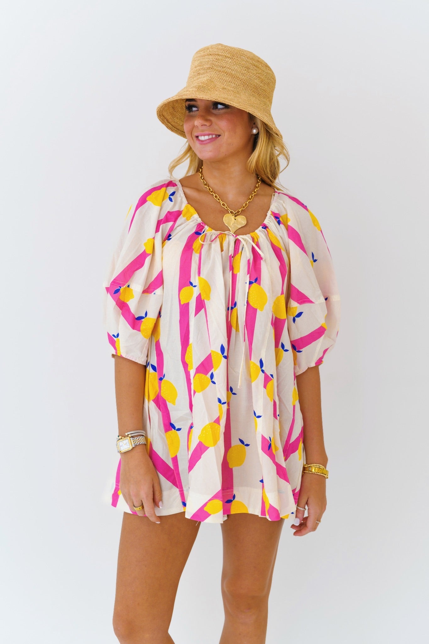 Millie Yellow Limes Striped Romper - White/Pink