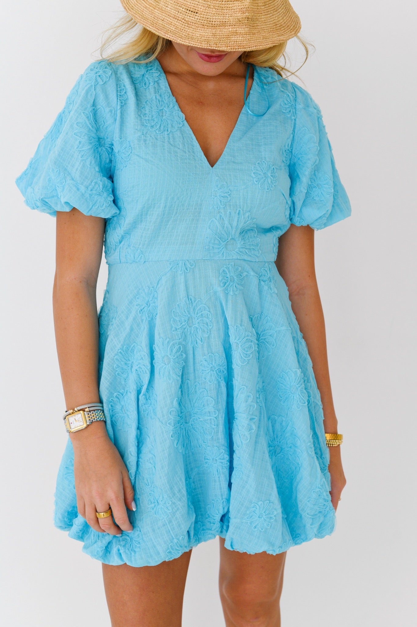 Emily Puff Sleeve Bubble Mini Dress-Sky Blue