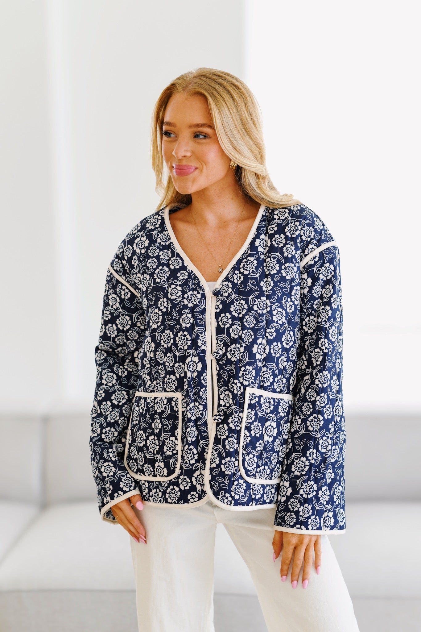 Jayla Printed Quilted Jacket-Navy/Cream